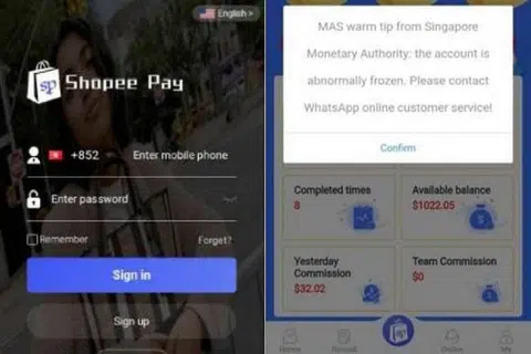 KAEDAH PENIPUAN: Aplikasi palsu Shopee Pay menawarkan pekerjaan tetapi memancing pengguna agar mengalihkan wang ke dalam akaun khusus. - Foto PASUKAN POLIS SINGAPURA