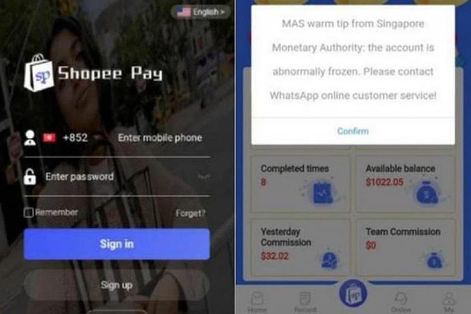 KAEDAH PENIPUAN: Aplikasi palsu Shopee Pay menawarkan pekerjaan tetapi memancing pengguna agar mengalihkan wang ke dalam akaun khusus. - Foto PASUKAN POLIS SINGAPURA