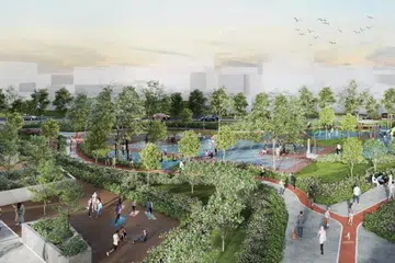 Gambaran artis menunjukkan Taman Kejiranan baru di Estet Kembangan. Reka bentuk sebenar mungkin berbeza.