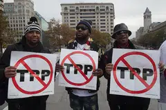 TEKANAN DALAM NEGERI: Beberapa orang membuat bantahan mengenai perjanjian Kerjasama Rentas Pasifik (TPP) di Washington, Amerika Syarikat, pada 14 November tahun lalu. - Foto-foto AFP