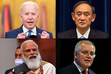 USAHA IMBANGI CHINA?: Presiden Amerika Syarikat, Encik Joe Biden (atas kiri), akan bertemu di alam maya (ikut putaran jam) Encik Yoshihide Suga, Encik Scott Morrison dan Encik Narendra Modi, masing-masing Perdana Menteri Jepun, Australia dan India. - Foto-foto EPA-EFE, AFP, REUTERS