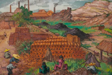 (Bawah) Liu Kang, ‘Working At the Brick Factory’, 1954. Cat miyak di atas kanvas, 97.8 x 128.6 cm. Hadiah daripada keluarga Liu Kang. Koleksi Galeri Nasional Singapura.