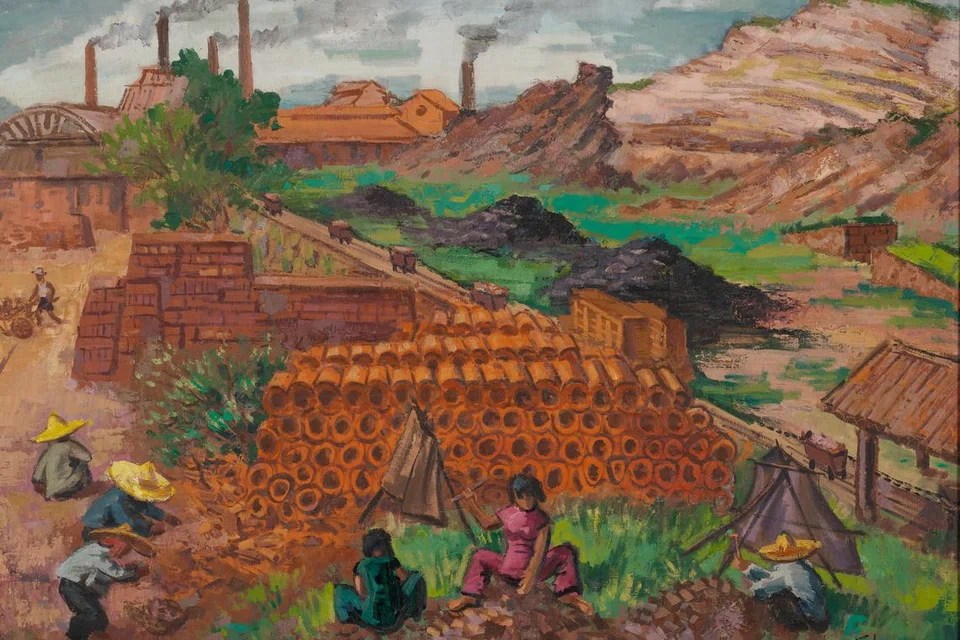 (Bawah) Liu Kang, ‘Working At the Brick Factory’, 1954. Cat miyak di atas kanvas, 97.8 x 128.6 cm. Hadiah daripada keluarga Liu Kang. Koleksi Galeri Nasional Singapura.