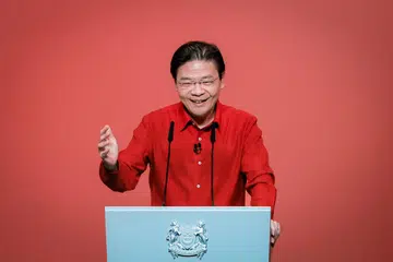 Perdana Menteri, Encik Lawrence Wong, semasa menyampaikan Rapat Hari Kebangsaan 2025 di Institut Pendidikan Teknikal (Tengah).