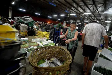 SIBUK DENGAN JUALAN: Inilah antara pemandangan di Pusat Borong Pasir Panjang, khususnya di bahagian penjualan sayur, yang begitu sibuk terutama pada sebelah malam apabila peniaga menyiapkan barang jualan mereka untuk keesokannya. - Foto fail