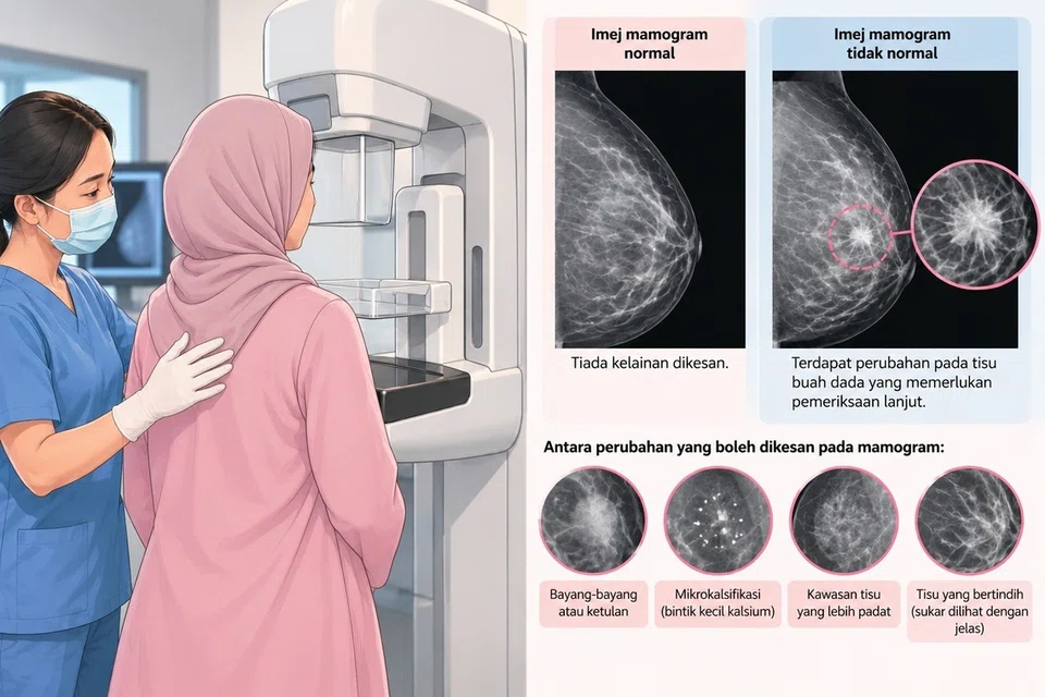 Ilustrasi menunjukkan seorang wanita menjalani pemeriksaan mamogram, dengan perbandingan imej buah dada normal dan imej yang menunjukkan perubahan luar biasa, termasuk ketulan, pengumpulan kalsium halus serta tisu yang lebih padat. Keputusan mamogram yang tidak normal tidak semestinya bermakna seseorang menghidap barah buah dada. Pemeriksaan lanjut seperti mamogram tambahan, ultrabunyi atau biopsi mungkin diperlukan untuk mengenal pasti punca perubahan tersebut. Pengesanan awal dan pemeriksaan susulan penting bagi memastikan rawatan dapat dimulakan segera sekiranya barah disahkan.