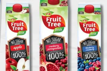 Rangkaian minuman, F&N Fruit Tree Fresh tersedia dalam pelbagai pilihan seperti beri biru, kranberi dan gabungan buah-buahan, jus epal dan sebagainya.