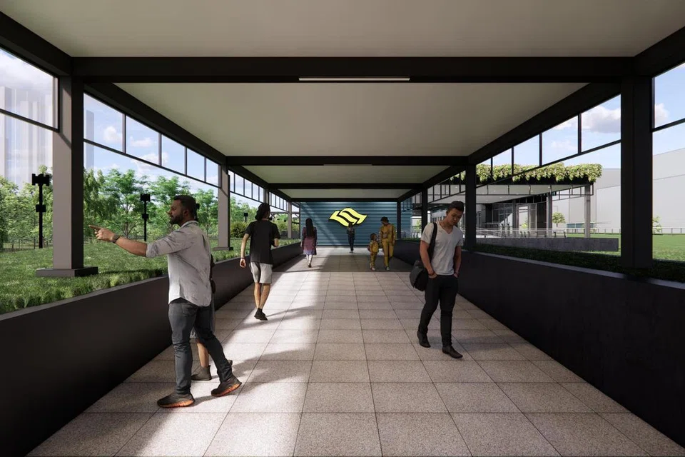 Lakaran artis jambatan pejalan kaki berbumbung ke arah stesen MRT DE1.