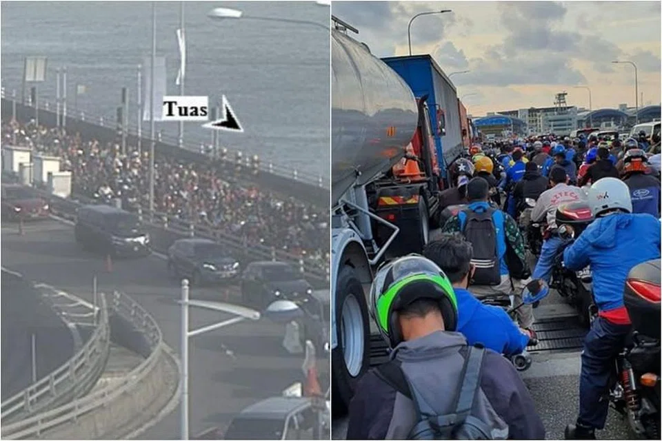 KESESAKAN MEMANJANG: Pada awal pagi Khamis (29 Ogos), kesesakan di Pusat Pemeriksaan Tuas berlarutan hingga lebih enam jam dek satu kejadian litar pintas. -Foto SCREENGRAB FROM ONEMOTORING.COM.SG, ERIC YEW/FACEBOOK.