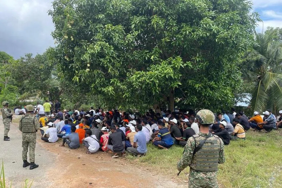 DAKWA DITIPU: Seramai 171 warga Bangladesh ditahan Batalion Ke-23 Rejimen Askar Melayu Diraja selepas mereka ditemui berjalan di sekitar Teluk Ramunia, Kota Tinggi, Johor. Mereka mendakwa ditipu ejen pekerjaan. 
