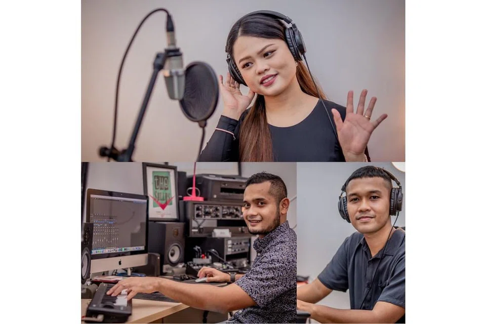PROJEK SPONTAN: Penyanyi Shalyza Rosly (petak atas) menggubah lagu 'Jauh Ramadan' di luar perancangan awal bersama Zulhilmi (petak bawah, kanan) sebelum ia diadun dan melalui proses indukan hasil sentuhan emas penerbit Shawal Ziyad. - Foto BH oleh NUR DIYANA TAHA