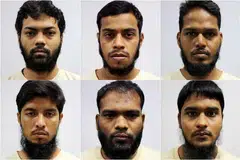 HADAPI TUDUHAN: Enam warga Bangladesh dihadapkan ke Mahkamah Negara hari i (ikut putaran jam, dari kiri sebelah atas) ketua kumpulan, Rahman Mizanur, 31 tahun; Miah Rubel, 26 tahun; Md Jabath Kysar Haje Norul Islam Sowdagar, 30 tahun; Sohel Hawlader Ismail Hawlader, 29 tahun; Zzaman Daulat, 34 tahun; dan Mamun Leakot Ali, 29 tahun. - Foto MHA