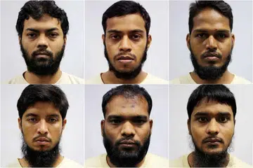 HADAPI TUDUHAN: Enam warga Bangladesh dihadapkan ke Mahkamah Negara hari i (ikut putaran jam, dari kiri sebelah atas) ketua kumpulan, Rahman Mizanur, 31 tahun; Miah Rubel, 26 tahun; Md Jabath Kysar Haje Norul Islam Sowdagar, 30 tahun; Sohel Hawlader Ismail Hawlader, 29 tahun; Zzaman Daulat, 34 tahun; dan Mamun Leakot Ali, 29 tahun. - Foto MHA