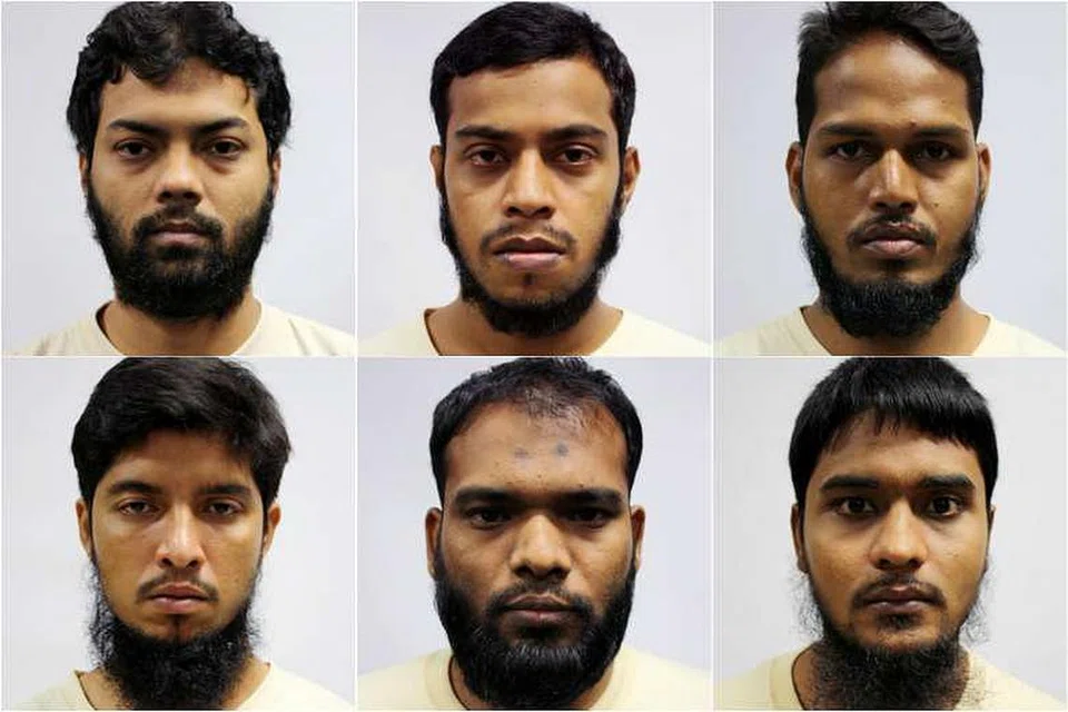 HADAPI TUDUHAN: Enam warga Bangladesh dihadapkan ke Mahkamah Negara hari i (ikut putaran jam, dari kiri sebelah atas) ketua kumpulan, Rahman Mizanur, 31 tahun; Miah Rubel, 26 tahun; Md Jabath Kysar Haje Norul Islam Sowdagar, 30 tahun; Sohel Hawlader Ismail Hawlader, 29 tahun; Zzaman Daulat, 34 tahun; dan Mamun Leakot Ali, 29 tahun. - Foto MHA