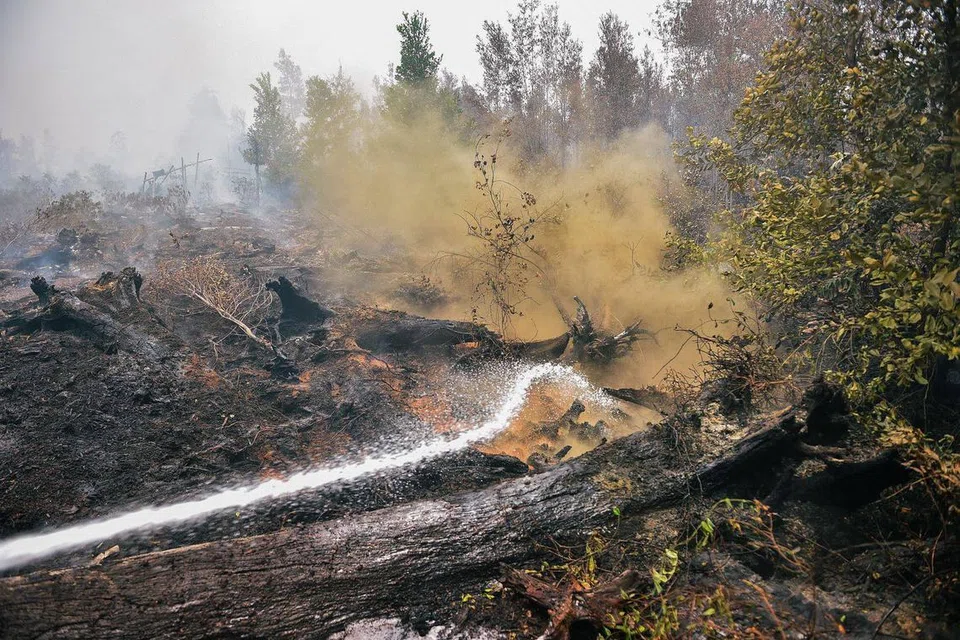 KIAN BERKURANGAN: Salah satu tompok panas yang dikesan di daerah  Kalteng, Sumatera, daripada kebakaran hutan dan tanah di negara itu berpotensi merebak secara meluas.