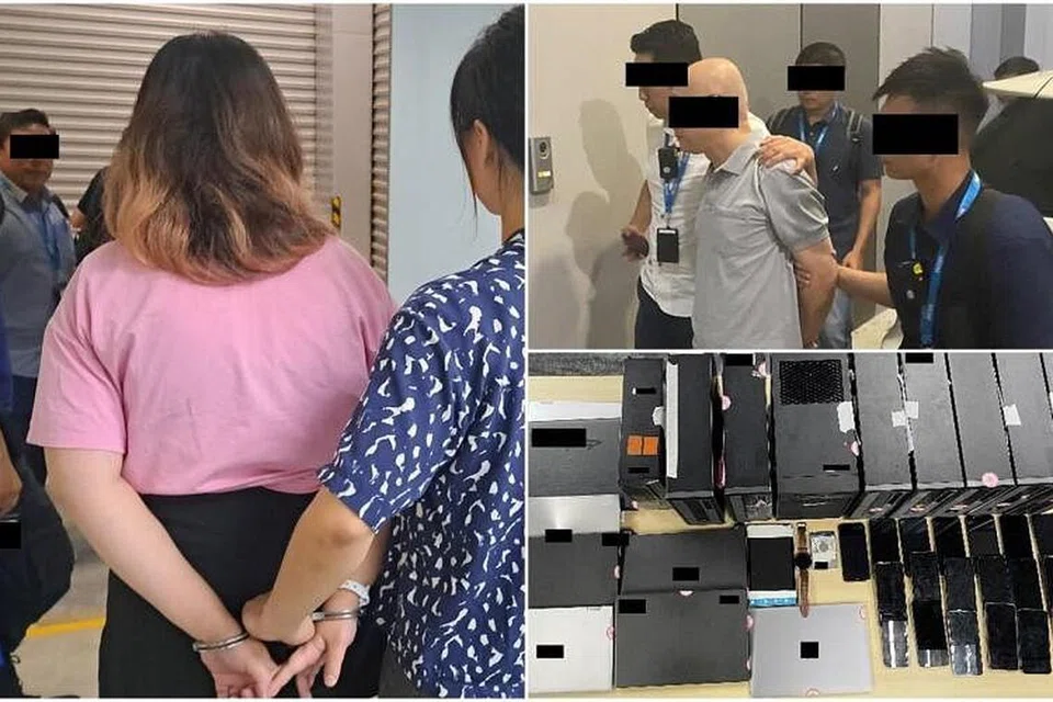 DIBERKAS: Sebilangan orang diberkas selain peranti digital yang dirampas dalam operasi dua hari yang dilakukan MOM. - Foto MOM