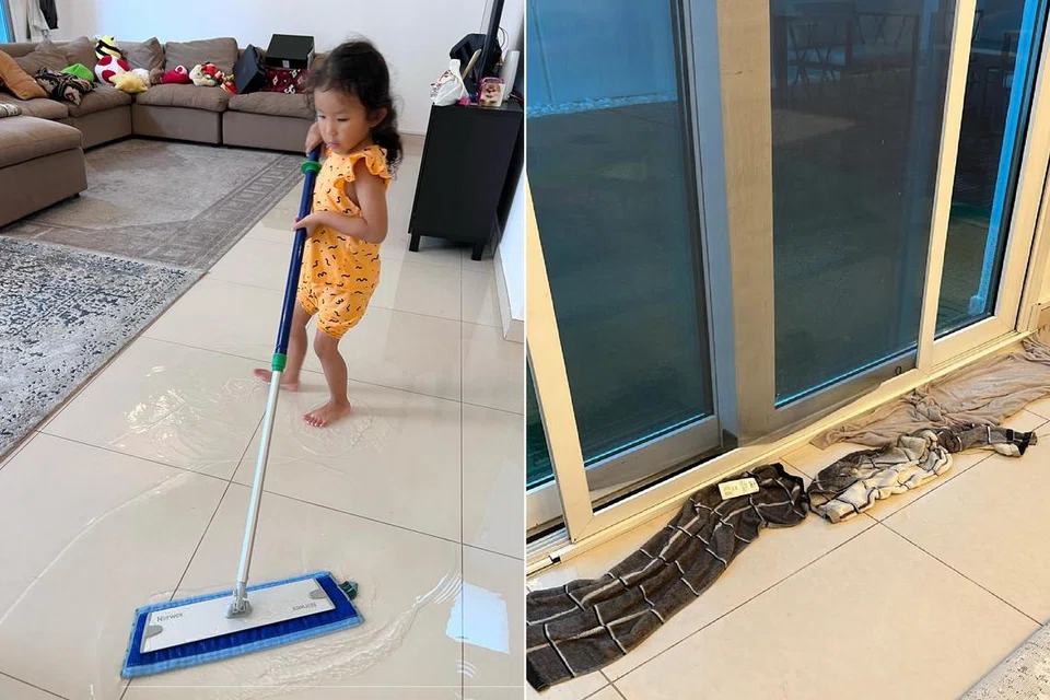 Anak Cik Nurul Huda Abdul Wahid, Raiqa Nasuha Muhammad Redzuan, lima tahun (kiri) kelihatan menggunakan pengelap lantai untuk meresap air yang bertakung di dalam rumahnya apabila air banjir mengalir masuk ke dalam rumah itu ketika ribut pada 16 April (kanan).