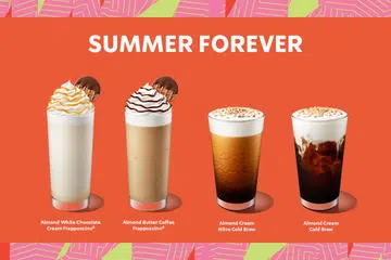 MINUMAN PERISA BADAM: Starbucks memperkenalkan empat minuman baru berasaskan badam, (dari kiri) ‘Almond White Chocolate Cream Frappuccino’, ‘Almond Butter Coffee Frappuccino’, ‘Almond Cream Nitro Cold Brew’ dan ‘Almond Cream Cold Brew’.
