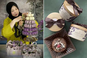 MULAKAN NIAGA SEMULA: Cik Najihah memulakan perniagaan 'The Wonderment Collective (TWC) Pte Ltd pada September lalu dan menyediakan pelbagai keperluan untuk majlis perkahwinan dan acara istimewa yang lain. Gambar kanan antara berkat 'eksklusif'. - Foto THE WONDERMENT COLLECTIVE (TWC)