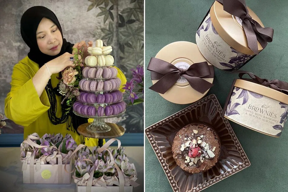 MULAKAN NIAGA SEMULA: Cik Najihah memulakan perniagaan 'The Wonderment Collective (TWC) Pte Ltd pada September lalu dan menyediakan pelbagai keperluan untuk majlis perkahwinan dan acara istimewa yang lain. Gambar kanan antara berkat 'eksklusif'. - Foto THE WONDERMENT COLLECTIVE (TWC)