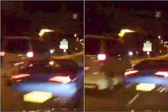 AKSI BAHAYA DIRAKAM: Kereta Lamborghini biru dirakam memecut melalui jurang sempit di antara dua kereta lain. - Foto FACEBOOK HENG SEE MENG