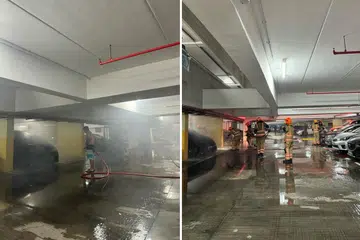 Encik Fahil Ashraff, 35 tahun (gambar kiri) cuba memadamkan api pada sebuah kereta di tempat letak kereta di Blok 467B, Admiralty Drive sebelum pegawai bomba tiba di tempat kejadian.