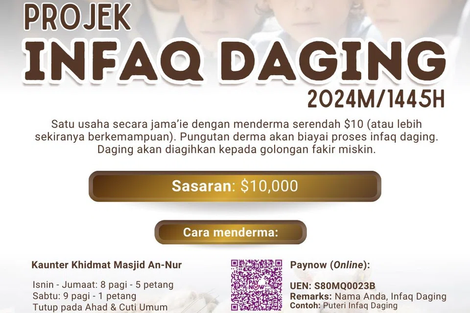 Menerusi Projek Infaq Daging 2024M/1445H, orang ramai boleh menghulurkan derma serendah $10 atau lebih.