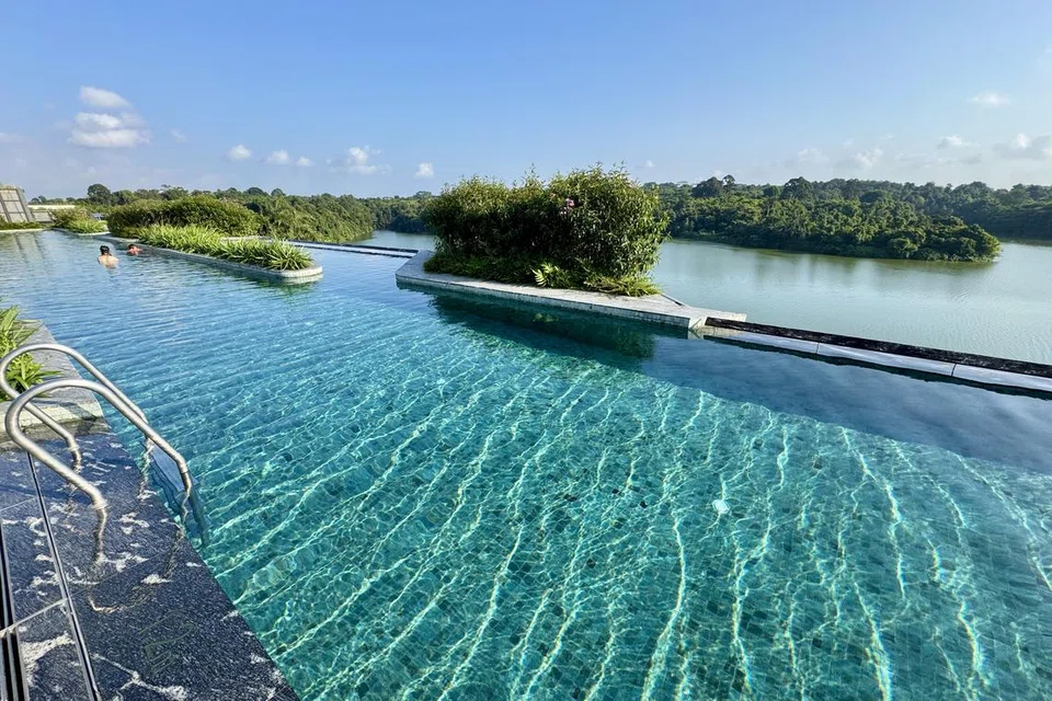 Pemandangan luas hutan simpanan dan takungan air Upper Seletar apabila bermandi-manda di kolam renang Mandai Rainforest Resort. (MUST USE)