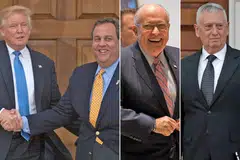 ANTARA CALON JAWATAN TINGGI: (Dari kiri) Encik Donald Trump dengan Gabenor New Jersey, Encik Chris Christie; mantan Datuk Bandar New York, Encik Rudy Giuliani yang disebut-sebut sebagai calon Setiausaha Negara; dan jeneral bersara, Encik James Mattis, yang dipertimbangkan sebagai Setiausaha Pertahanan. - Foto-foto AFP, REUTERS