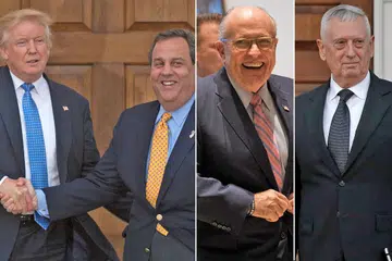 ANTARA CALON JAWATAN TINGGI: (Dari kiri) Encik Donald Trump dengan Gabenor New Jersey, Encik Chris Christie; mantan Datuk Bandar New York, Encik Rudy Giuliani yang disebut-sebut sebagai calon Setiausaha Negara; dan jeneral bersara, Encik James Mattis, yang dipertimbangkan sebagai Setiausaha Pertahanan. - Foto-foto AFP, REUTERS
