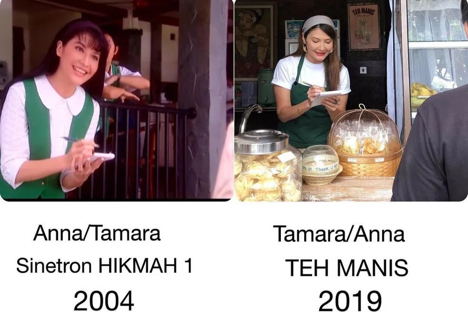 Pelakon Tamara Bleszynski melakonan semlua adegan ikonik daripada sinetron ‘Hikmah’ (kiri) di gerai makanannya, Teh Manis Bali yang dibuka pada 2019. 