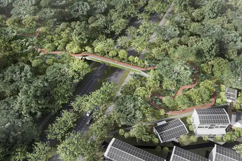 JAMBATAN EKO: Lakaran artis bagi jambatan eko-pejalan kaki masa hadapan yang akan dibina merentasi Upper Bukit Timah Road menjelang 2026, menghubungkan Taman Semula Jadi Bukit Batok dengan Hutan Simpanan Bukit Timah.