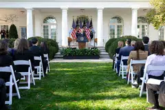 Presiden Amerika Syarikat, Encik Joe Biden, berucap dari Rose Garden di Rumah Putih, Washington DC, pada 7 November, susulan kemenangan Encik Donald Trump dalam Pilihan Raya Presiden.