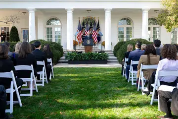 Presiden Amerika Syarikat, Encik Joe Biden, berucap dari Rose Garden di Rumah Putih, Washington DC, pada 7 November, susulan kemenangan Encik Donald Trump dalam Pilihan Raya Presiden.