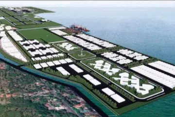 Gambaran reka bentuk pandangan udara Lapangan Terbang Antarabangsa Bali Utara memperlihatkan pembangunan berskala besar di kawasan pesisir Kubutambahan, Buleleng
