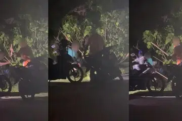 ANIAYA BINATANG: Rakaman video menunjukkan dua lelaki menyerang sesuatu menggunakan kayu di dalam semak.