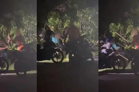 ANIAYA BINATANG: Rakaman video menunjukkan dua lelaki menyerang sesuatu menggunakan kayu di dalam semak.