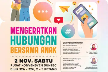 Sidang keibubapaan percuma anjuran Berita Harian berjudul, ‘Mengeratkan Hubungan Bersama Anak’, akan diadakan pada 2 November dari 2 hingga 5 petang di Pusat Konvensyen Suntec.