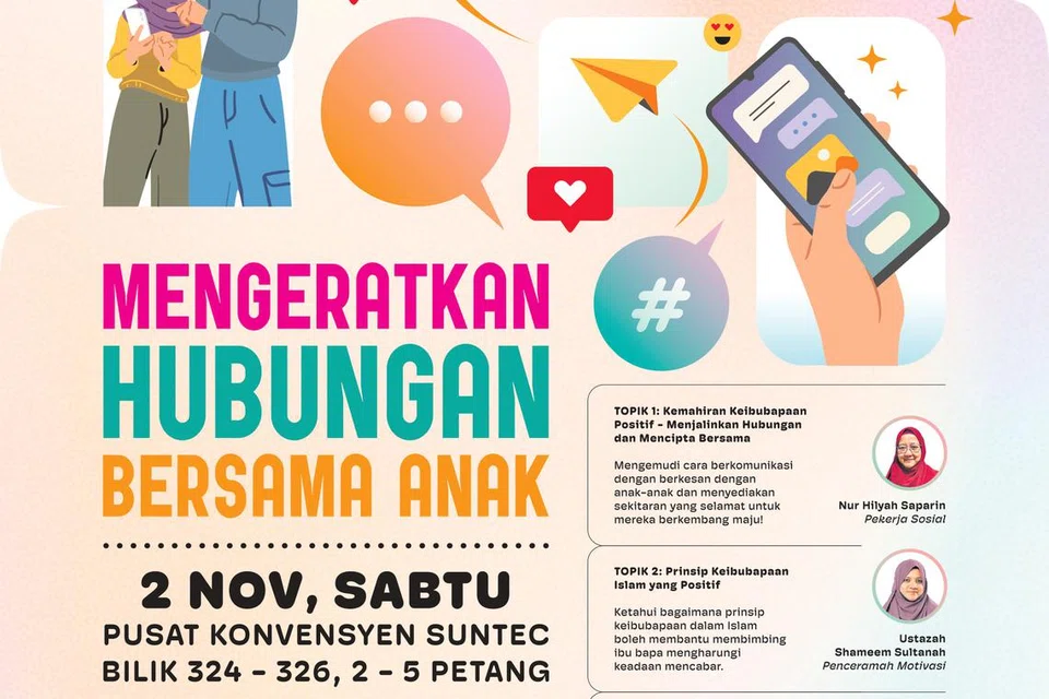 Sidang keibubapaan percuma anjuran Berita Harian berjudul, ‘Mengeratkan Hubungan Bersama Anak’, akan diadakan pada 2 November dari 2 hingga 5 petang di Pusat Konvensyen Suntec.