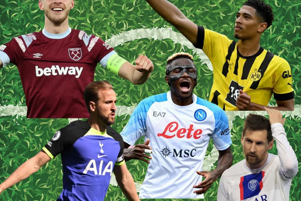 JADI BURUAN: (putaran jam) Declan Rice, Jude Bellingham, Lionel Messi, Victor Osimhen dan Harry Kane antara pemain yang dijangka berpindah kelab musim panas ini.