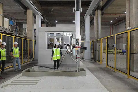 PERLUASKAN KEUPAYAAN: Pencetak konkrit 3D yang terletak di Institut Kajian Bangunan HDB di Woodlands berupaya mencetak komponen yang bersaiz sehingga sepanjang 9 meter, seluas 3.5 meter dan setinggi 3.8 meter. - Foto BH oleh ALPHONSUS CHERN