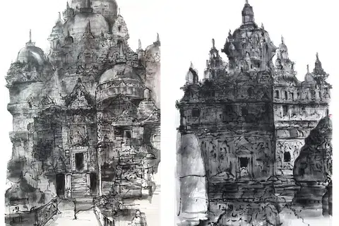 LUKISAN BERMAKNA: ‘Candi Plason Kidul Klaten’ (kiri) dan ‘Candi Plaosan 2 Kidul Klaten’, dihasilkan dengan menggunakan dakwat Cina. 