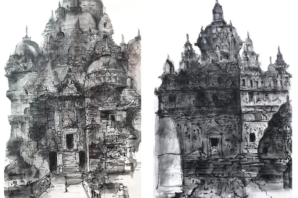 LUKISAN BERMAKNA: ‘Candi Plason Kidul Klaten’ (kiri) dan ‘Candi Plaosan 2 Kidul Klaten’, dihasilkan dengan menggunakan dakwat Cina. 
