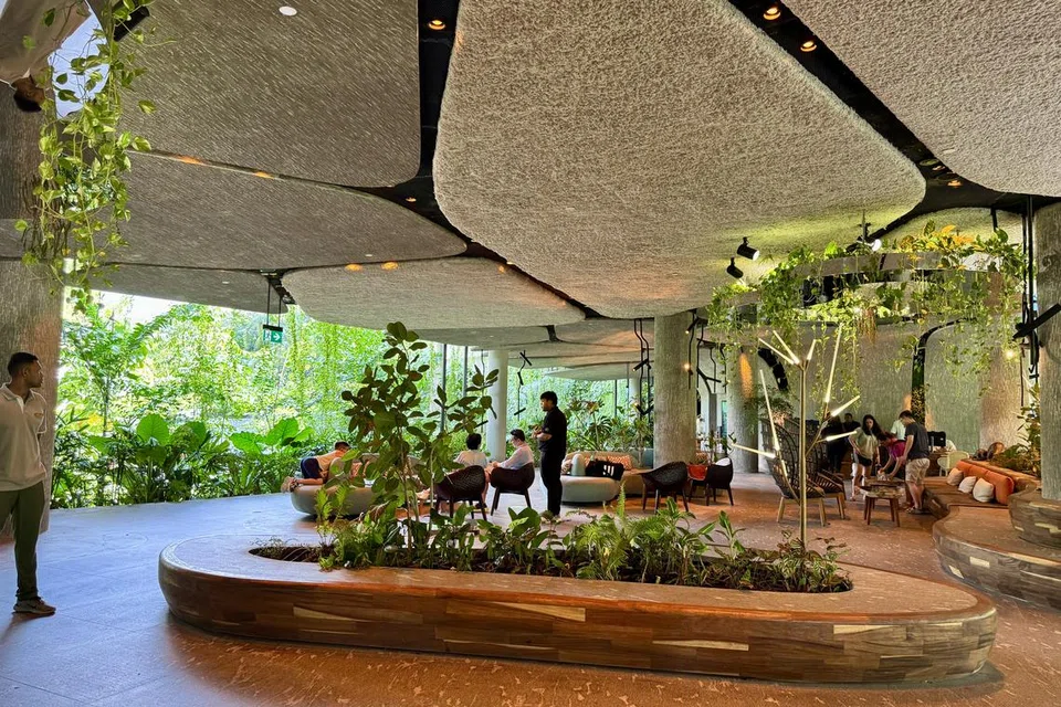 Lobi Mandai Rainforest Resort dihiasi tumbuh-tumbuhan.