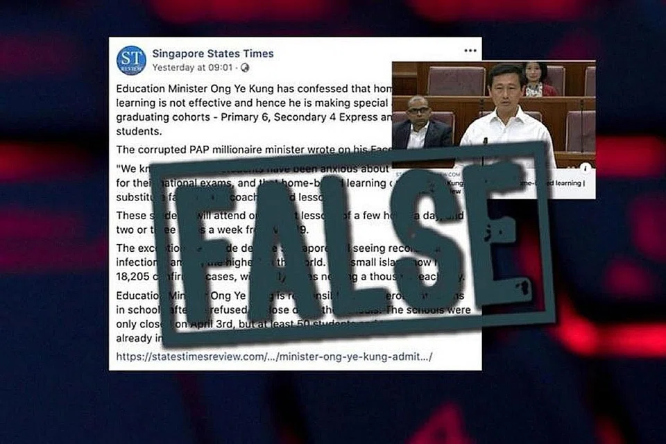 DIARAH BUAT PEMBETULAN: Akaun Singapore States Times diarah buat pembetulan atas pos palsu oleh Menteri Pendidikan, Encik Ong Ye Kung. - Foto GOV.SG