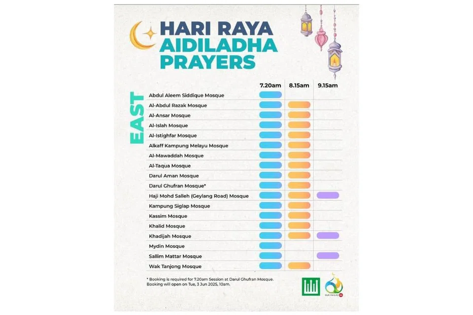 Lapan masjid menawarkan tiga sesi solat Hari Raya Aidiladha menurut Majlis Ugama Islam Singapura (Muis) menerusi wadah media sosialnya.