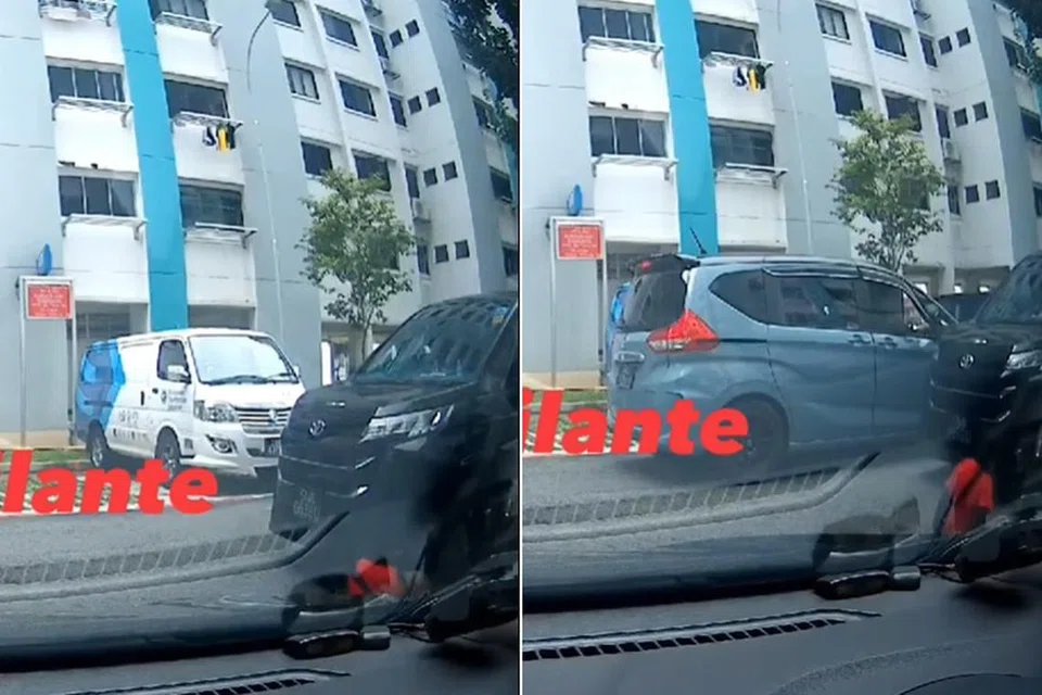 Seorang budak lelaki kelihatan terhimpit di roda depan sebuah kereta berwarna hitam (kiri) sebelum kereta itu berundur sedikit dan budak tersebut cuba membangunkan dirinya (kanan).