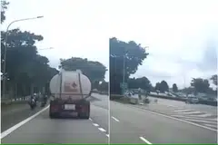 Motosikal pegawai LTA Encik Zdulfika Ahakasah (kiri) merempuh ke pembahagi jalan ketika mengekori seorang penunggang yang kemudiannya ditahan. 