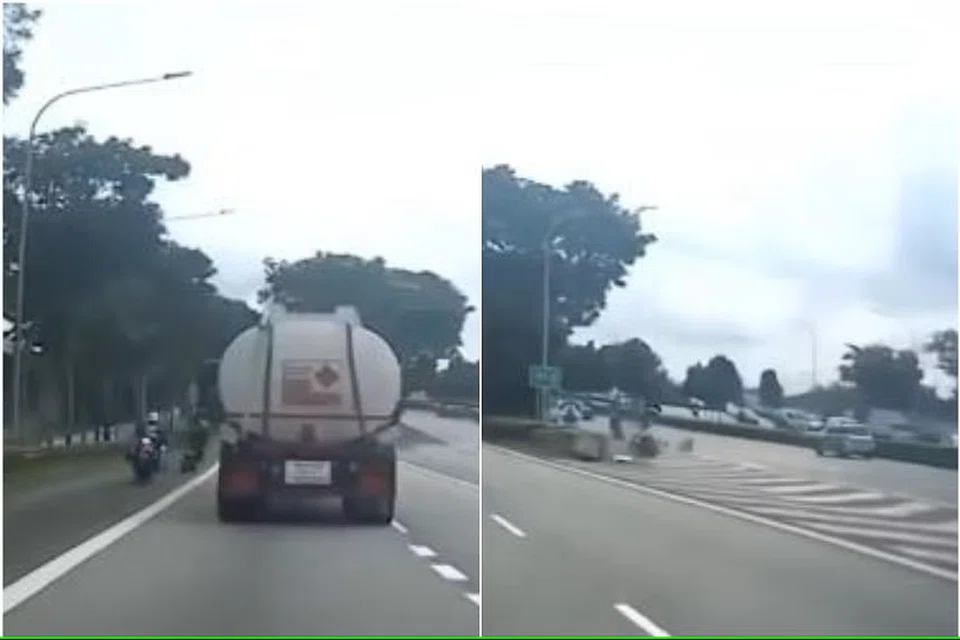 Motosikal pegawai LTA Encik Zdulfika Ahakasah (kiri) merempuh ke pembahagi jalan ketika mengekori seorang penunggang yang kemudiannya ditahan. 