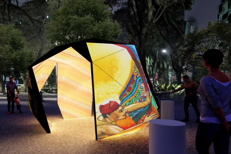 SENI MALAM IMBAS KISAH RAKYAT: Kerja seni pemasangan ‘A Stone’s Throw (Away)‘ akan menyinari kawasan Muzium Negara, Banyan Tree dan menggambarkan sejarah batu Singapura yang dilontar dari Bukit Fort Canning ke Sungai Singapura oleh Badang.